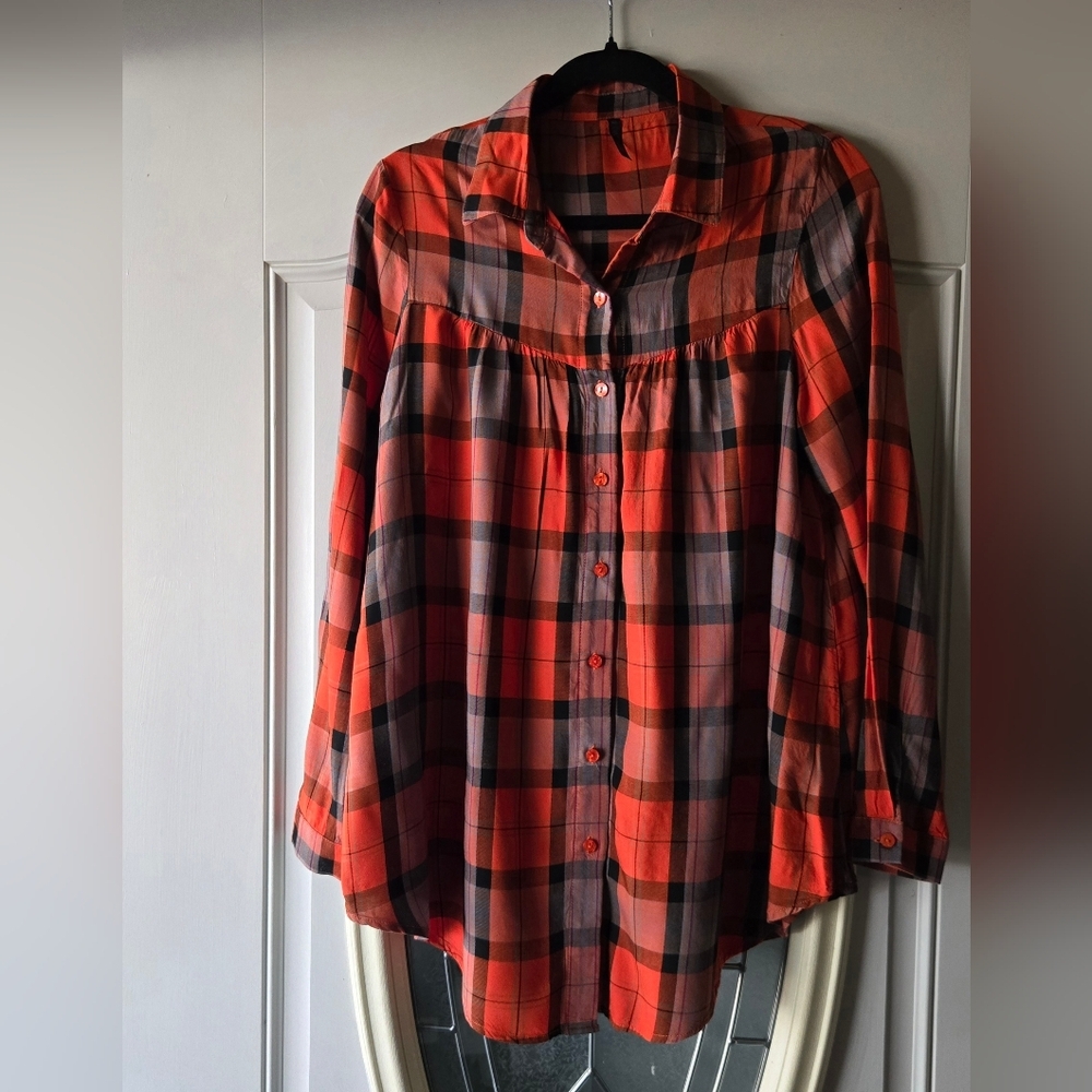 JW Style‎ Plaid Button Down Shirt Orange Black Check Flowy Oversized XS